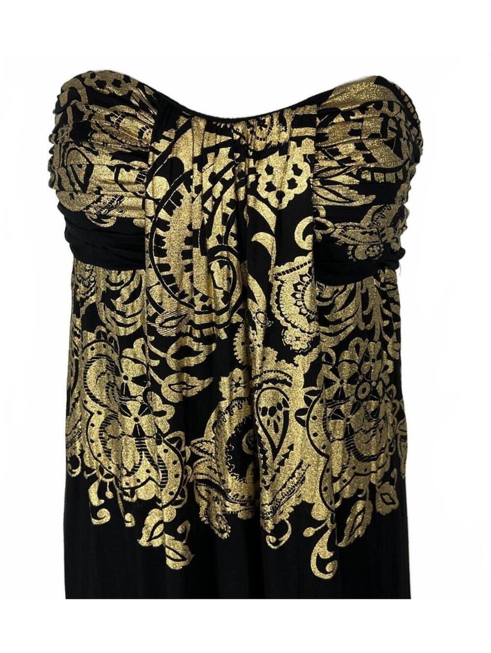 Rubber Ducky | Gold Foil Paisley Strapless Maxi Dress | 70s Glam Resort Size Med